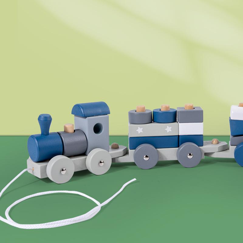 Wooden Montessori Stacking Train Set Educational Toys Shape Sorter Building Blocks Wooden Trolley Baby Learning Toys Gifts