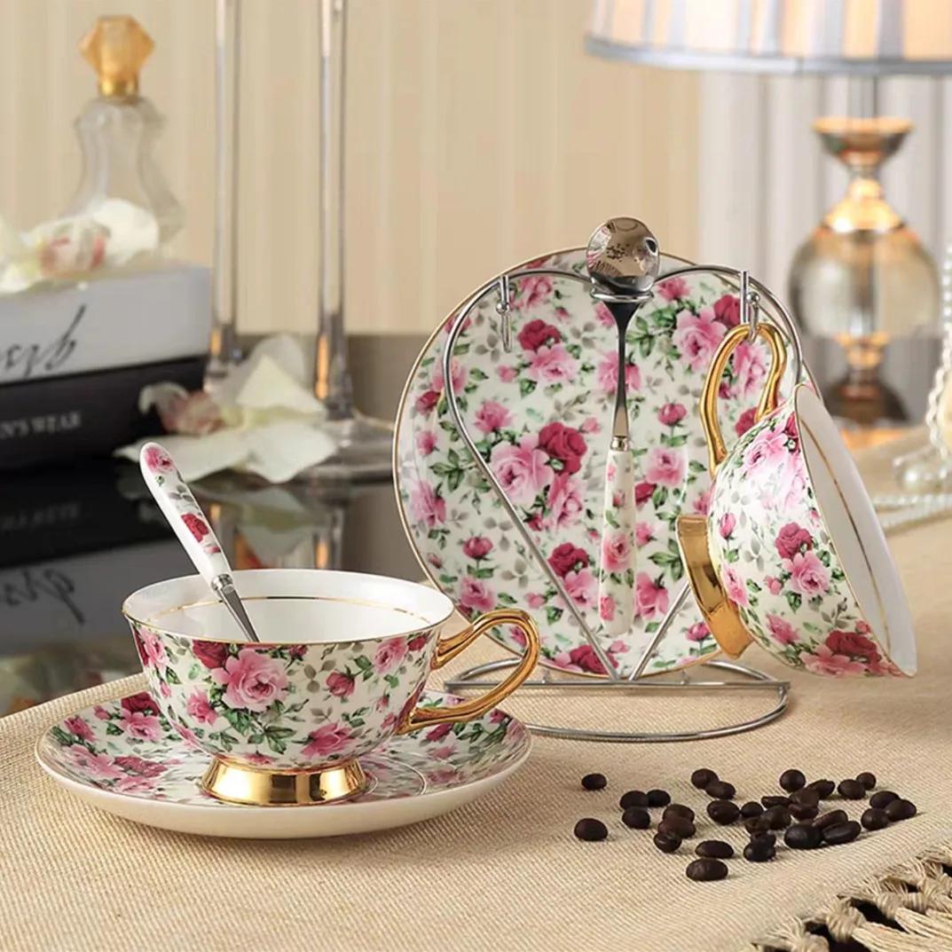 Porcelain Coffee Cups with Metal Holder, European Luxury Ceramic, Afternoon Tea Cups, Porcelain Mugs, Saucer, Bone China, 2 Sets