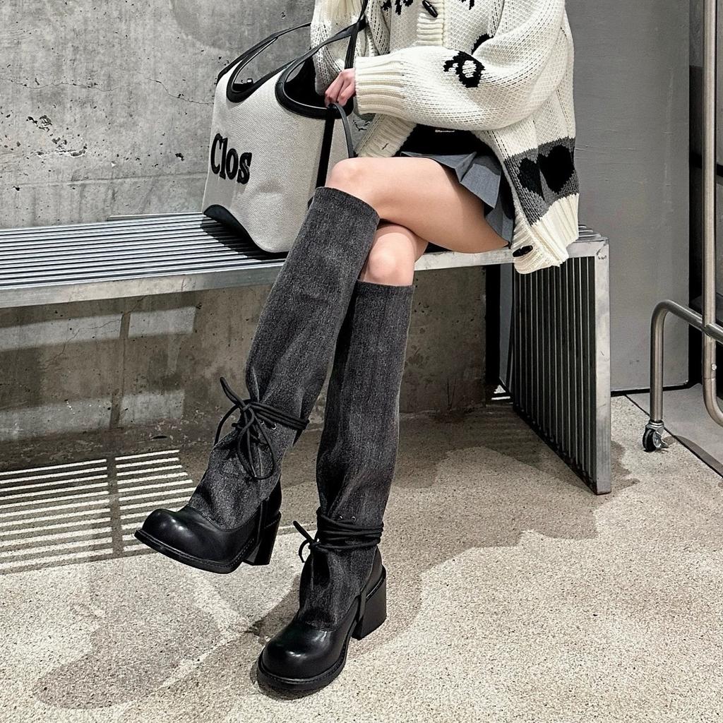 Niche design fashionable long boots summer new retro babes pile boots thick heel and thin