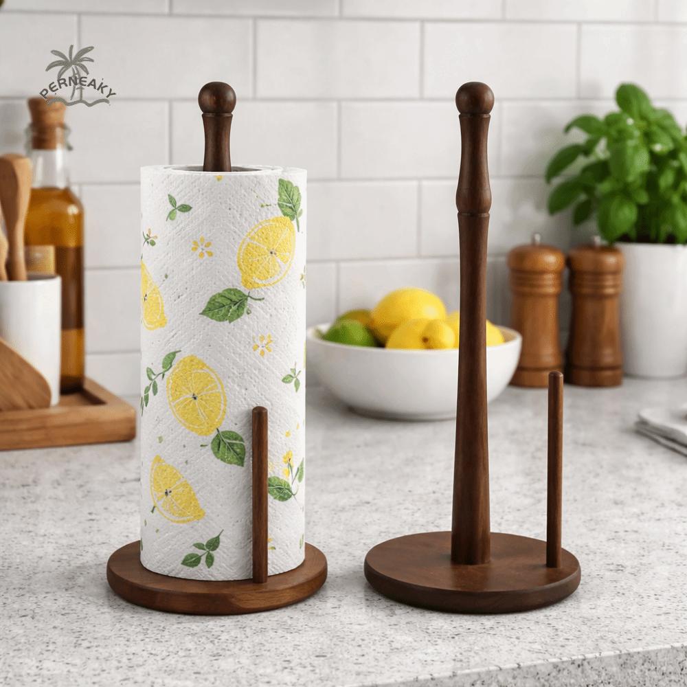 Freestanding Wooden Paper Towel Holder Stable Anti-Skid Vertical Tissue Stand Space Saving Disposable Paper Holder for Kitchen
