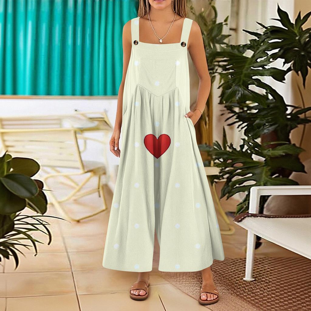 Women's Valentine's Day Printed Casual Loose Retro Cotton Linen Overalls With Pockets