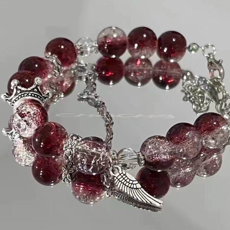 Chinese Style Red Crystal Feather Cross Pendant Bracelet For Girls Women Vintage Elastic Beaded Chain Bracelet Jewelry Gifts
