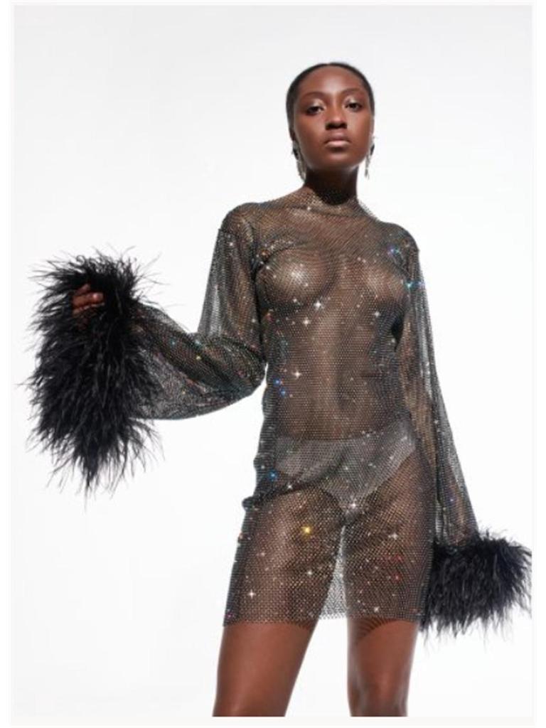 Glamorous Summer 2025 Diamond Mesh Long-Sleeved Fur Dress