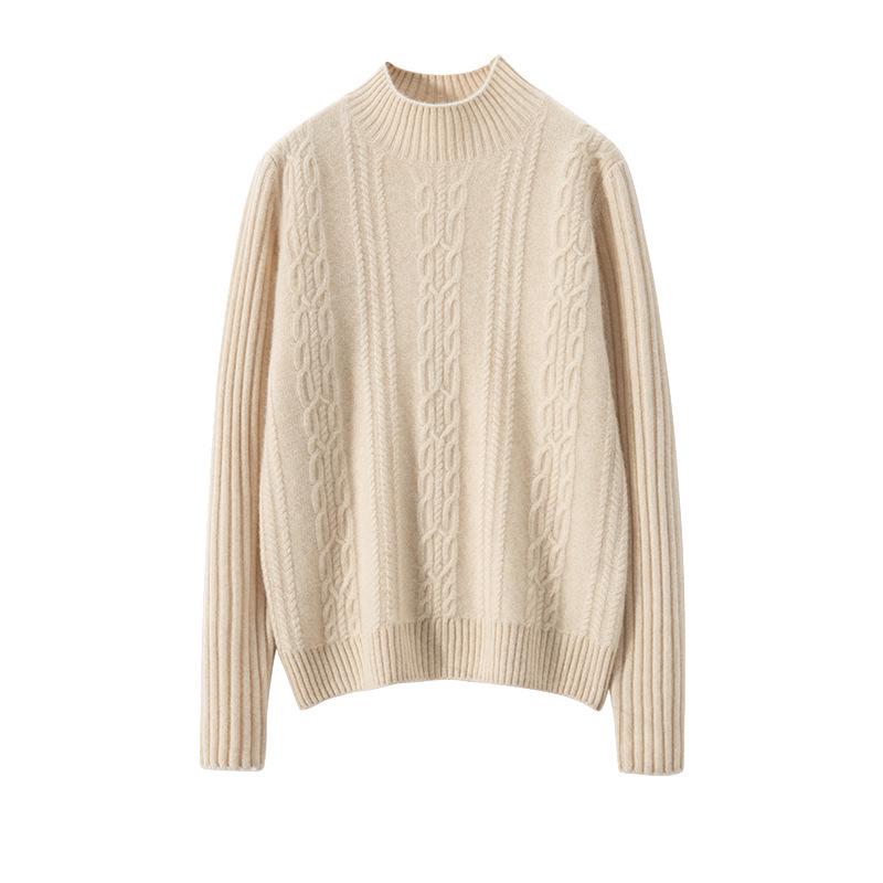 2024 Autumn/Winter Women's Retro Cable Knit Half-High Neck Cashmere Loose Pullover Sweater - Simple Solid Color Base Layer