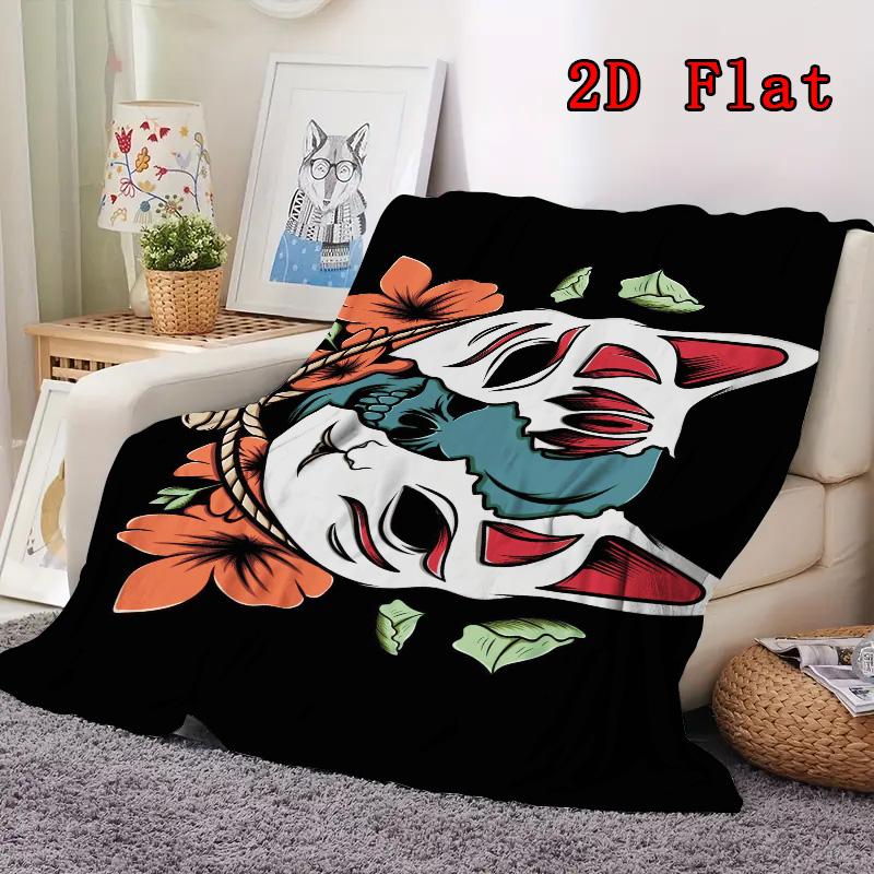 Special Japanese Masks and Flowers 2D Flat Pattern Flannel Blanket High quality All Seasons Warmth and Comfort Perfect for Christmas Gifts.