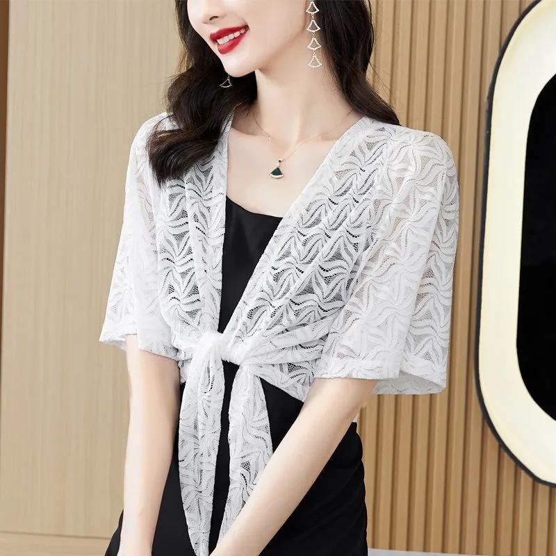 WTEMPO Women's Casual Solid Color Lace Sunscreen Shawls Coats Spring Summer Casual Versatile Thin Breathable Cardigans