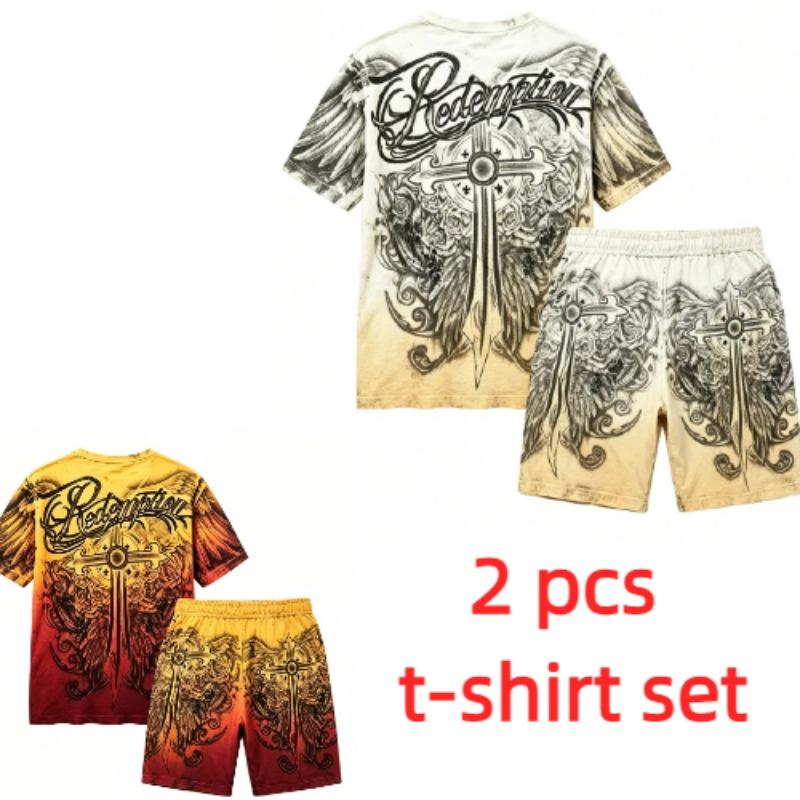 Sommer Gotischer Stil Kreuzschwert Aufdruck Rundhals Kurzarm T-Shirt und Shorts Set Herren und Damen T-Shirt Shorts Set