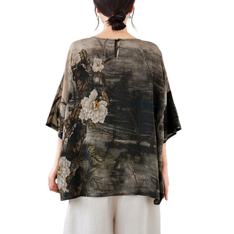 Ethnic Style Summer Cotton Linen Blouse Ethnic Style Bat Sleeve Loose Large Round Neck Comfortable T-shirt for Women