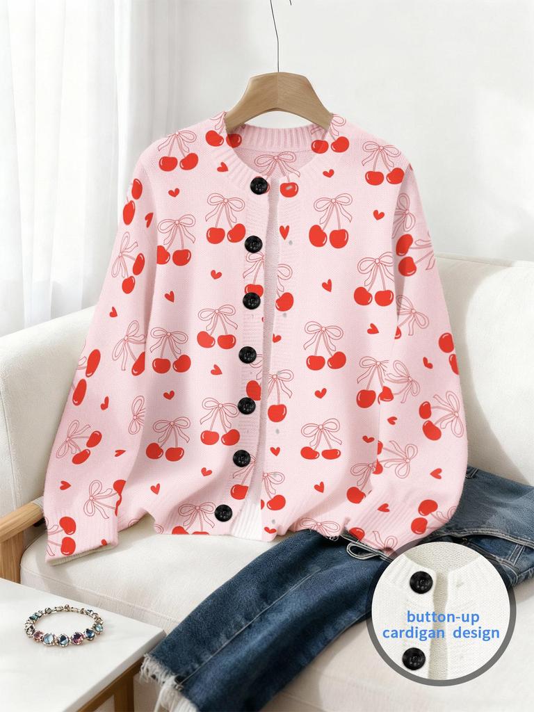Spring Digital Print Cardigan: Valentine's Day Loose Knit Women's Fashion Top