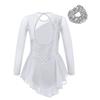 Girls Long Sleeve Dance Dress Round Neck Sequins Decor Flower Front Hollow Back Performance Outfit Hair Tie Headwear