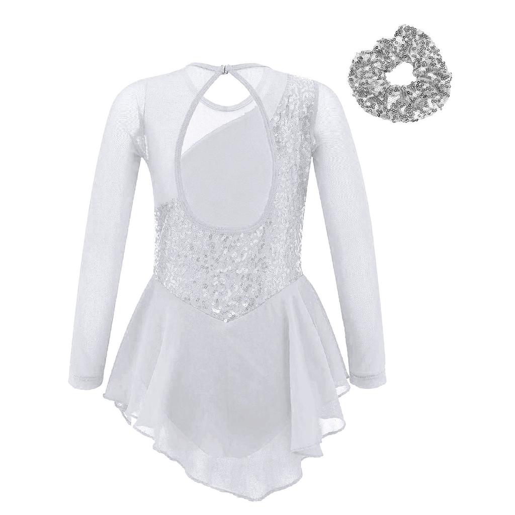 Girls Long Sleeve Dance Dress Round Neck Sequins Decor Flower Front Hollow Back Performance Outfit Hair Tie Headwear