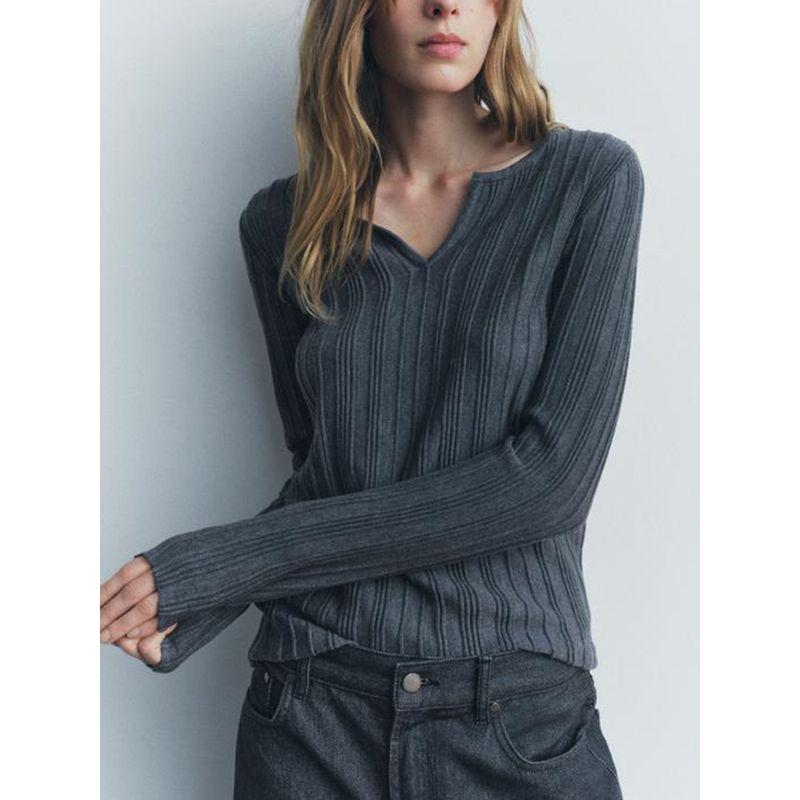 Za2025 Spring New Women's Clothing Easiest for Match Long Sleeves Silm Slim Looking Slit Knitted Rib T-shirt 8779464