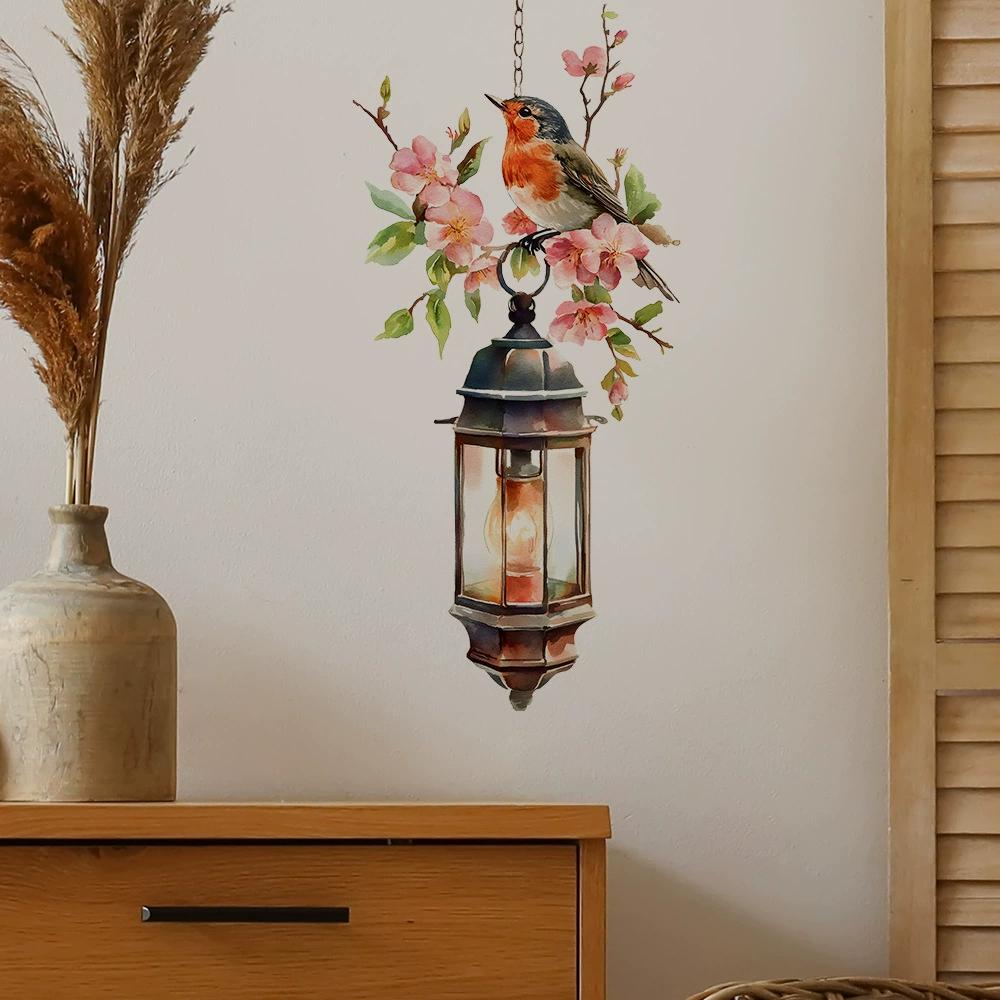 Colorful Flower Pendant Lamp Bird Wall Sticker For Bedroom Living Room Entrance Home Background Decoration Self-adhesive 29*22CM