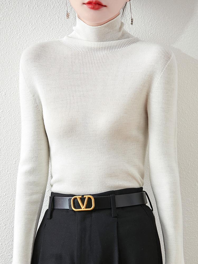 Women's Slim-Fit High-Neck Wool Sweater - Soft, Seamless Knit Base Layer for Autumn/Winter