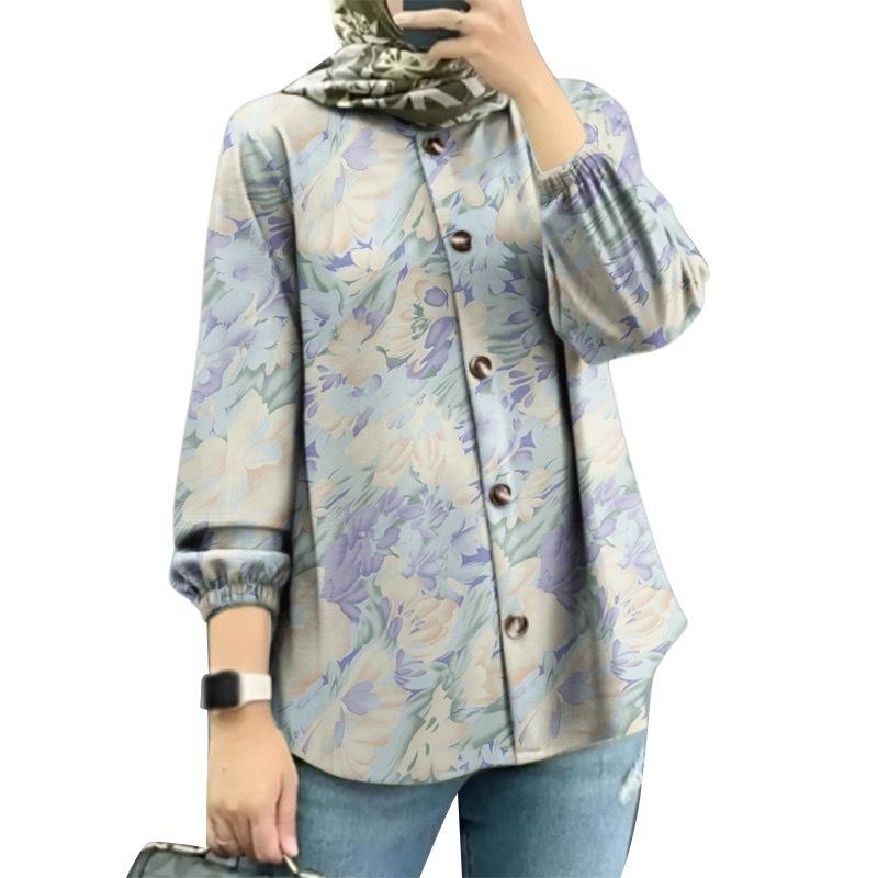 

Женская рубашка больших размеров с цветочным принтом и рукавами-фонариками 5XL синий