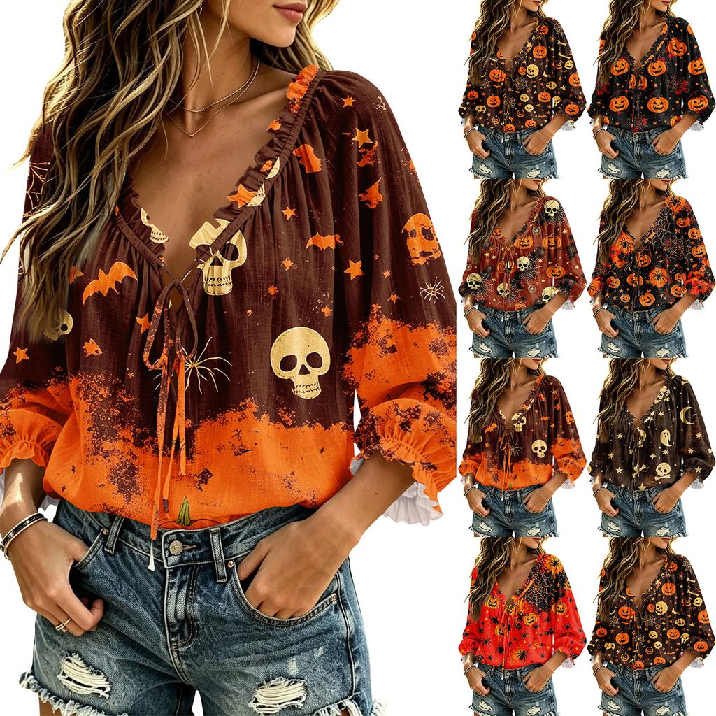 Women's Halloween Print V-Neck Ruffle Blouse with Tie Front and for Party
