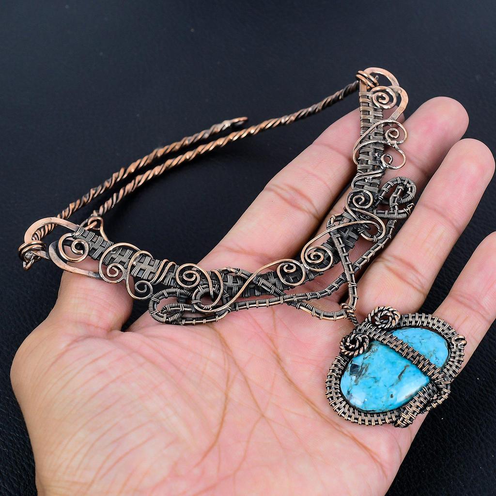 Turquoise 999 Copper Wire Wrapped Necklace with Adjustable Chain, Handmade Gemstone Jewelry Necklace For Memorial Day