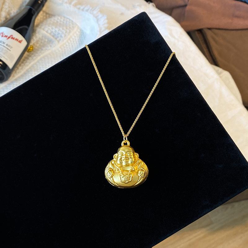 Gold Maitreya Buddha Necklace: Stylish Sand Gold Pendant Sweater Chain – Luxury Fashion Accessory for Women