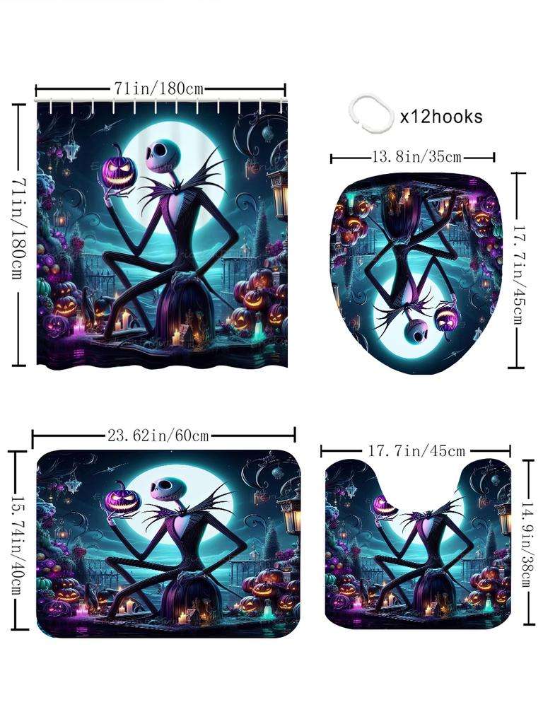 Disney Jack Badezimmer-Vierteiler-Set - Avantgardistischer Wasserdichter Duschvorhang, zur Schaffung eines kompletten Badezimmer-Kits