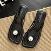 Modische Perlen-Designer Damen Pantoletten mit Absatz Zehensteg Sandalen Frau Flip Flops Mode Slides Sommer 2025 Neu Elegant Sandalias De Mujer