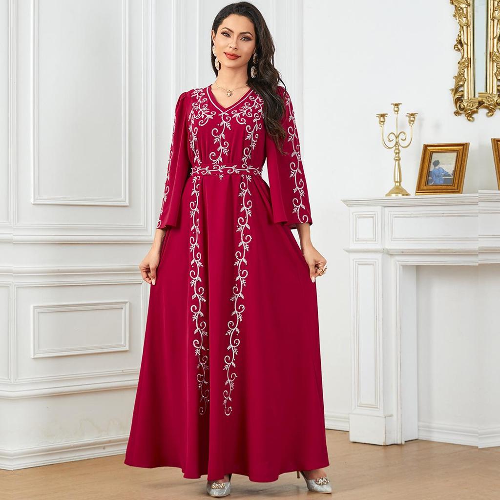 Women's V-Neck Embroidered Beaded Long Dress - Elegant Muslim Robe