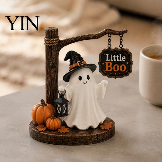Hand Painted Ghost Figurine Cute with Witch Hat, Resin Halloween Tabletop Decor, Little Collectible Crafts Boo Statue for Fall Home Office Shelf