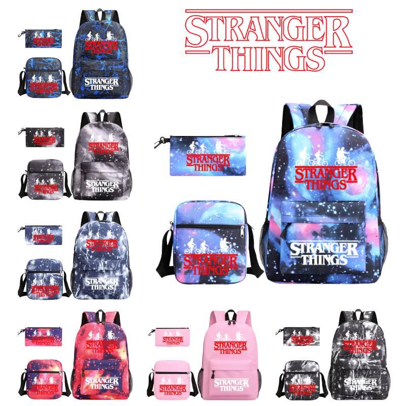 Stylish Stranger Things Canvas Backpack Set Includes Shoulder Bag And Pencil Case Perfect For Casual Travel