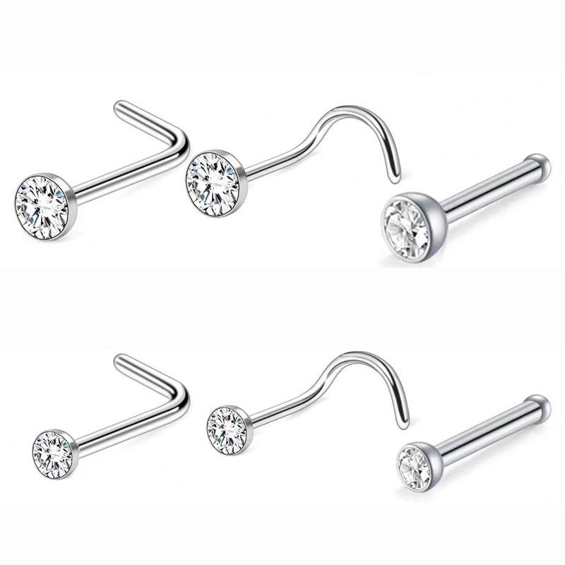 Mini Rhinestone Inlaid Stainless Steel Nose Ring Stud - Straight, L-Shaped, 5-Shaped, Bent Hook Piercing Jewelry.