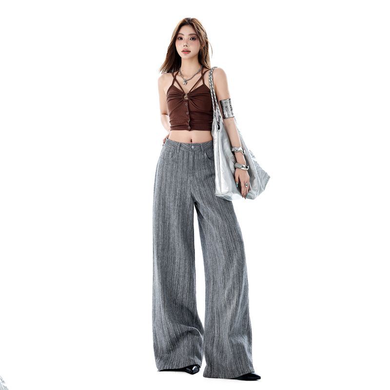 Spring Summer Thin Linen Cotton Textured Cool Drape Relaxed Wide Leg Casual Denim Pants For Ladies Casual Pants Oversize Denim Trousers