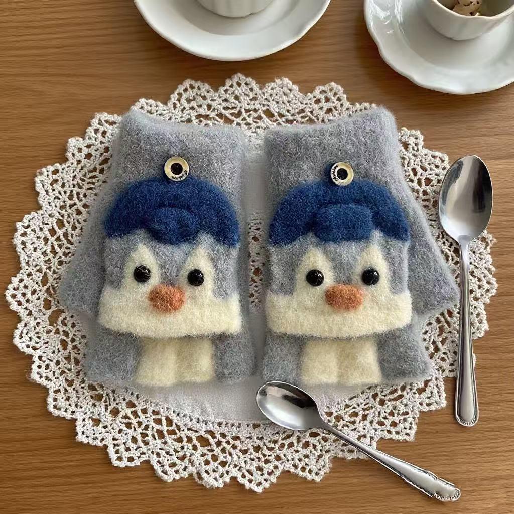 

Winter Cartoon Penguin Flip-Top Half-Finger Gloves for Men, Women, and Kids One Size