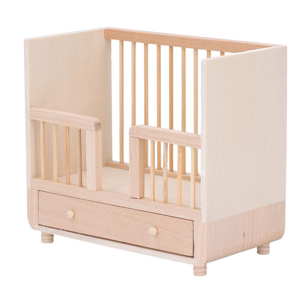 1: 12 Wood Doll Crib Bassinet Simulated Crib Miniature Doll House Furniture Bed for Bedroom