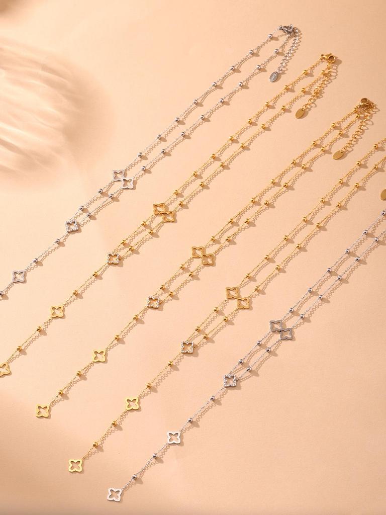 Qiong Yao 5A Zircon Clover Gold Bean Tassel Double Layer Stackable Clavicle Chain Necklace