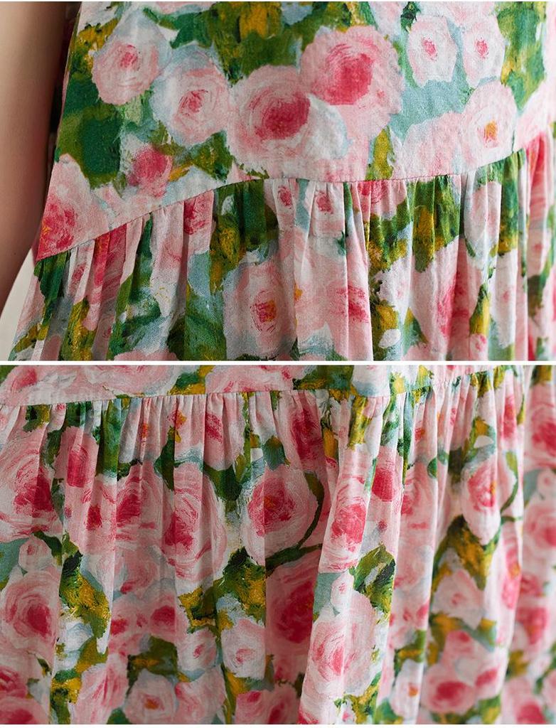2025 Summer Cotton Linen Printed Patchwork Loose Long Suspender Dress with Slimming Large Hem