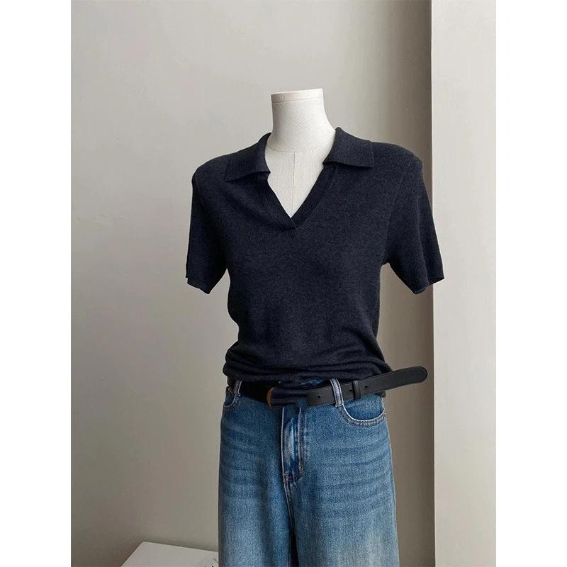

women v neck polo knit shirt short sleeve solid color casual top onesize серый