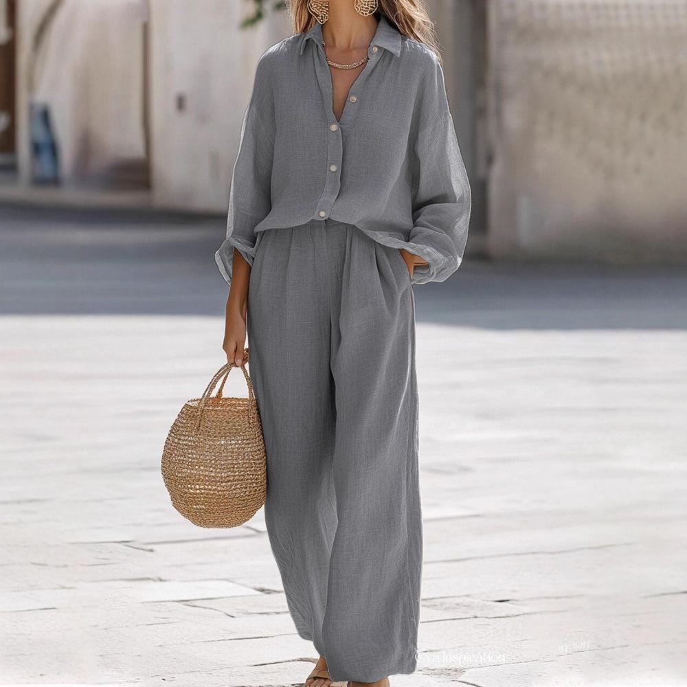 Women's Loose Two Piece Outfit Long Sleeve Collar Shirt High Waist Wide Leg Linen Matching Suit