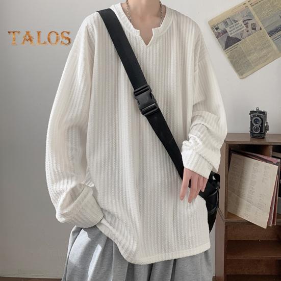 Spring Autumn Men Top V Neck Long Sleeves Oversized Solid Color Loose Mid Length Striped Texture Pullover Hip Hop Streetwear Sweatshirt