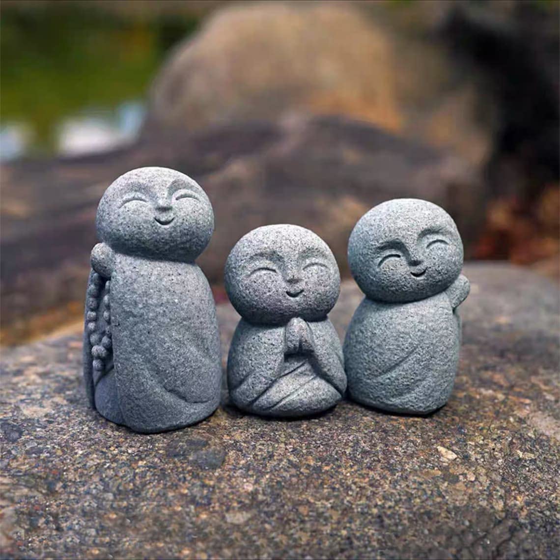 

WOWTAC Jizo Statue Set, a Soothing and Cute Small Figurine, a Jizo Guardian Deity, Made of Granite, Perfect for Wishing Happiness and Good Fortune,
