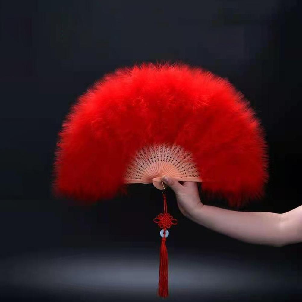 Chinese Handheld Feather Fan Colorful Traditional Wedding Folding Fan With Tassels Elegant Show Dance Fan Wedding Party Decor
