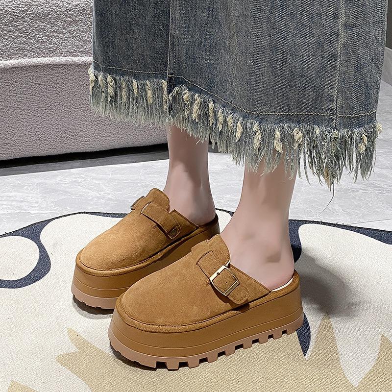 New platform slippers women wear short shoes in autumn to increase the height of Boken bag head half slippers