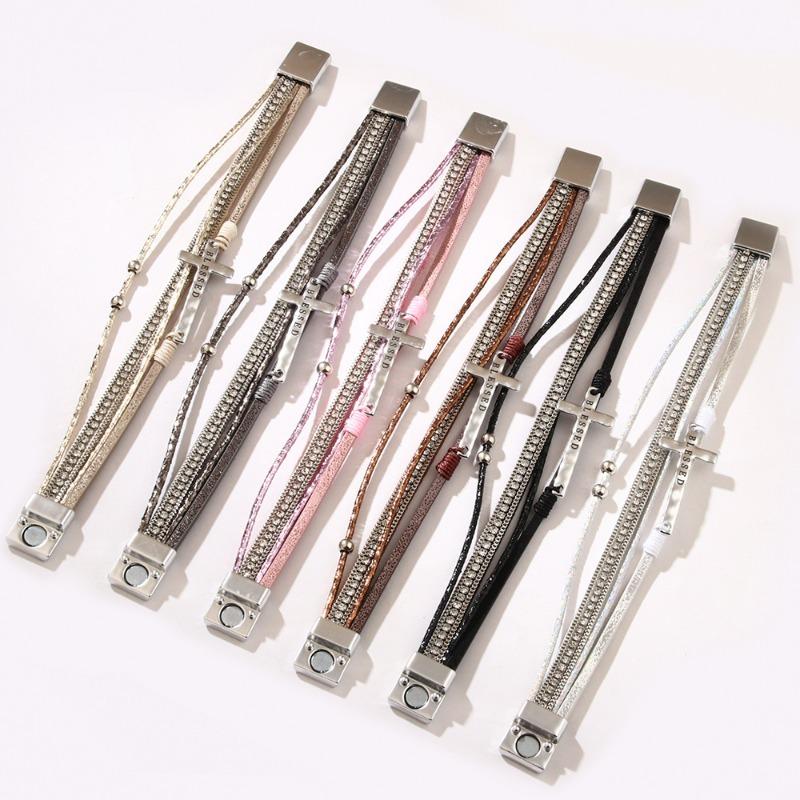 Boho Style Cross Bracelet, Light Luxury Micro-diamond Magnetic Buckle Bracelet, PU Leather Bracelet