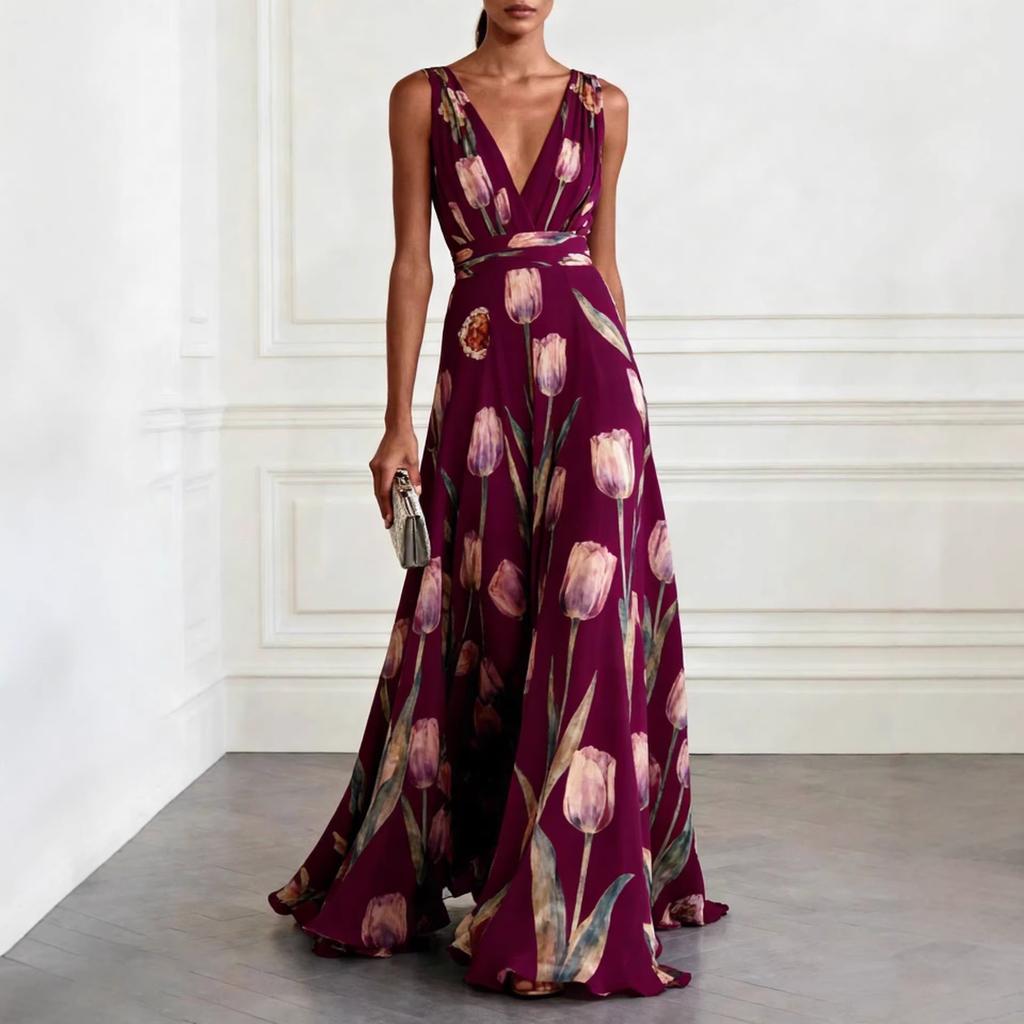 Women's V Neck Sleeveless Floral Maxi Dress Slim Fit High Waist Elegant Party Chiffon Dress