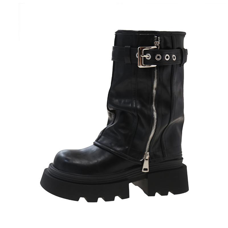 

Thick-soled Martin boots women s 2025 autumn and winter new retro western cowboy short boots belt buckle medium tube stacking pants tube boots 40