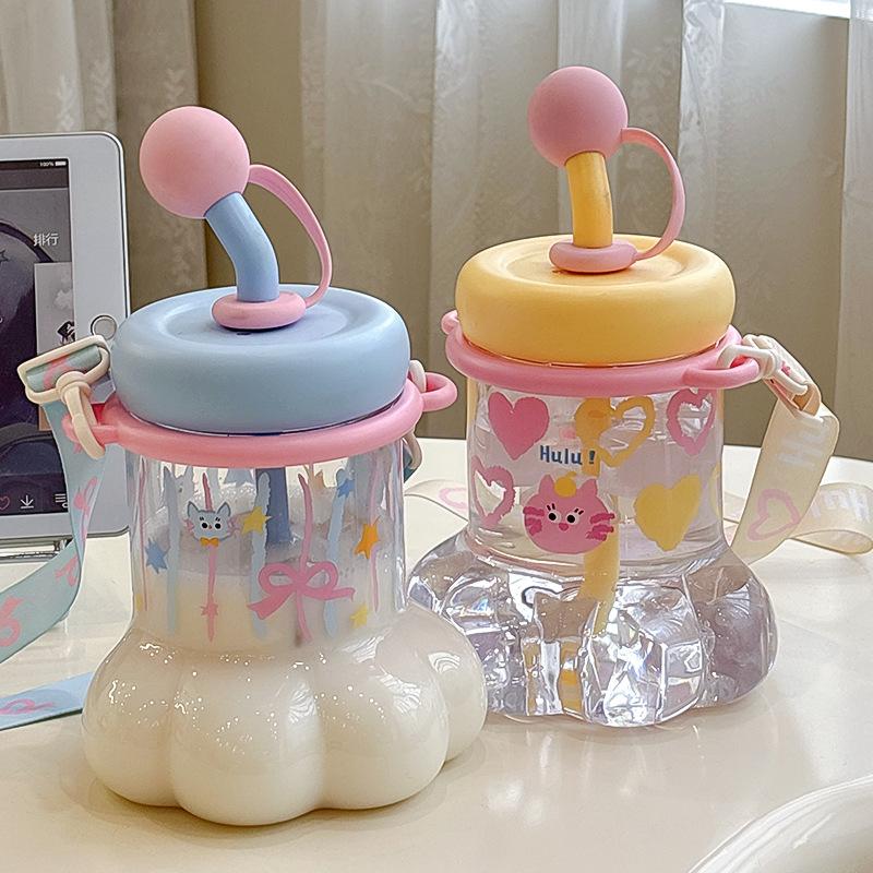 1L Cute Plastic Straw Water Bottle For Girls Creative Cat Claws Large Capacity Tabletop Sippy Cup  Portable Student Drinking Cup