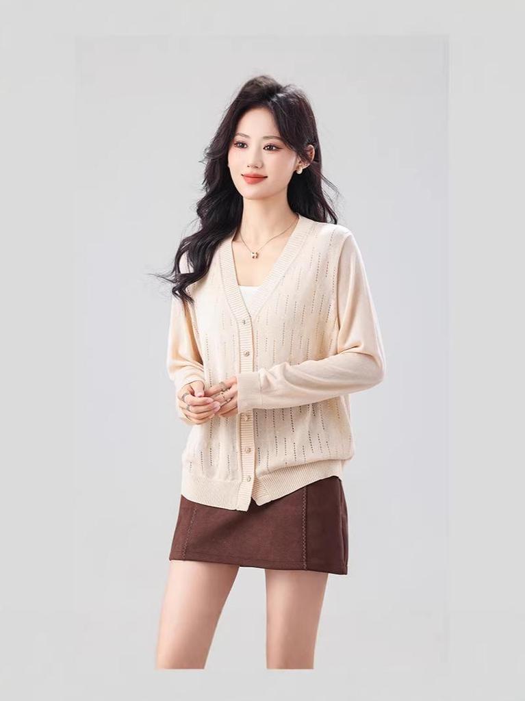 Plus Size Women's Knit Cardigan - Single-Breasted, Hollow-Out, Solid Color, Versatile for Spring/Autumn