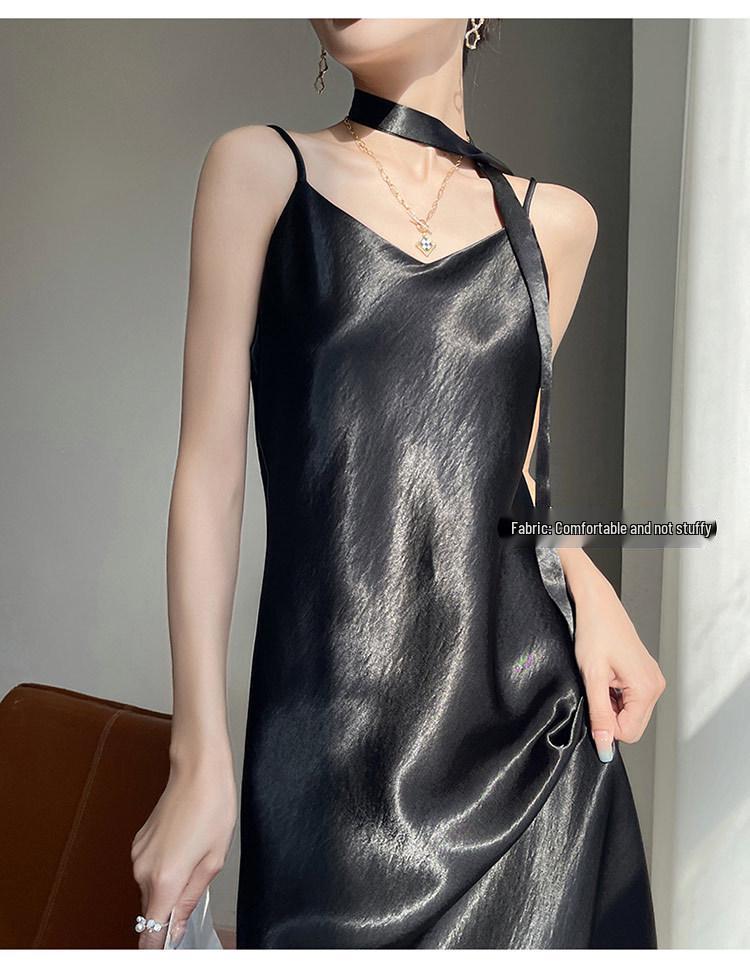 Elegant French V-Neck Spaghetti Strap Satin Dress with Slimming Design