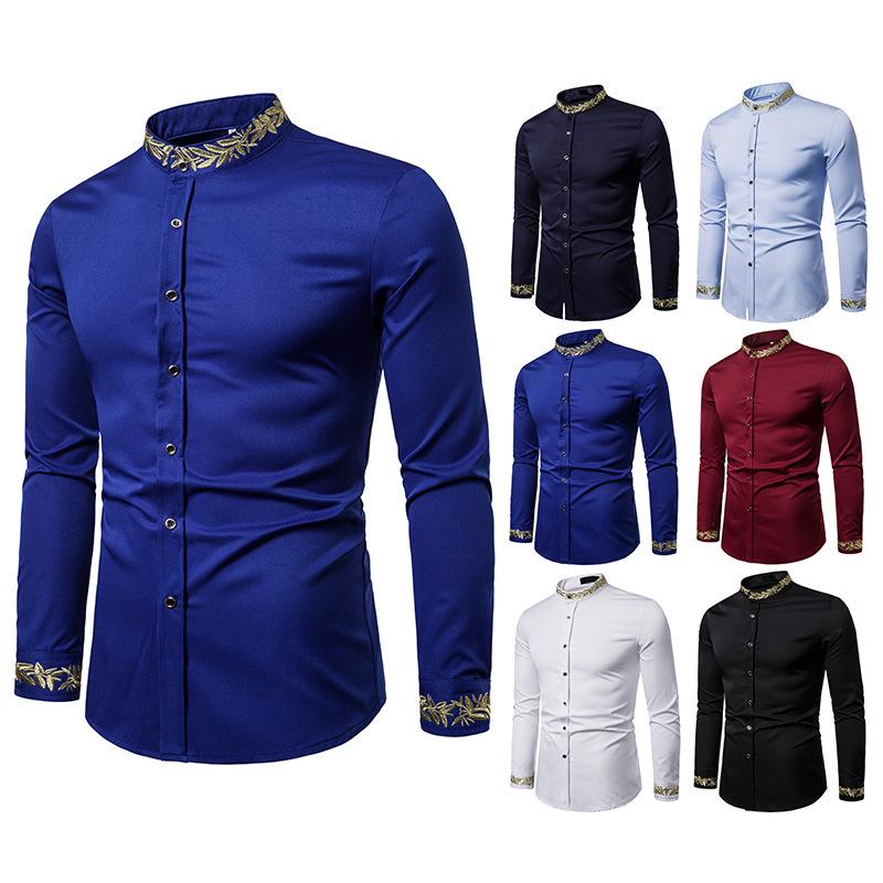 Herren Europäische Größe Besticktes Langarmhemd mit Henley-Kragen