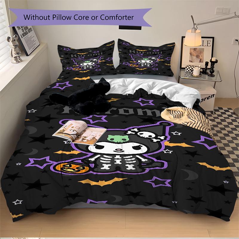 3pcs Spooky Fun with Bats Stars and Pumpkins Halloween Kuromi Bedding Set Includes Quilt Cover and Pillowcases, Suitable for All Seasons, Machine