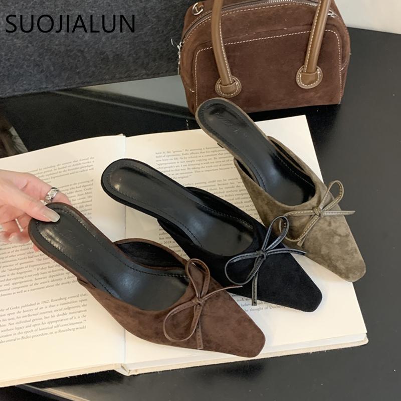Fashion SUOJIALUN 2024 Autumn Women Slip On Slipper Fashion Pointed Toe Shallow Mules Shoes Thin High Heel Outdoor Dress Ladies Sandal