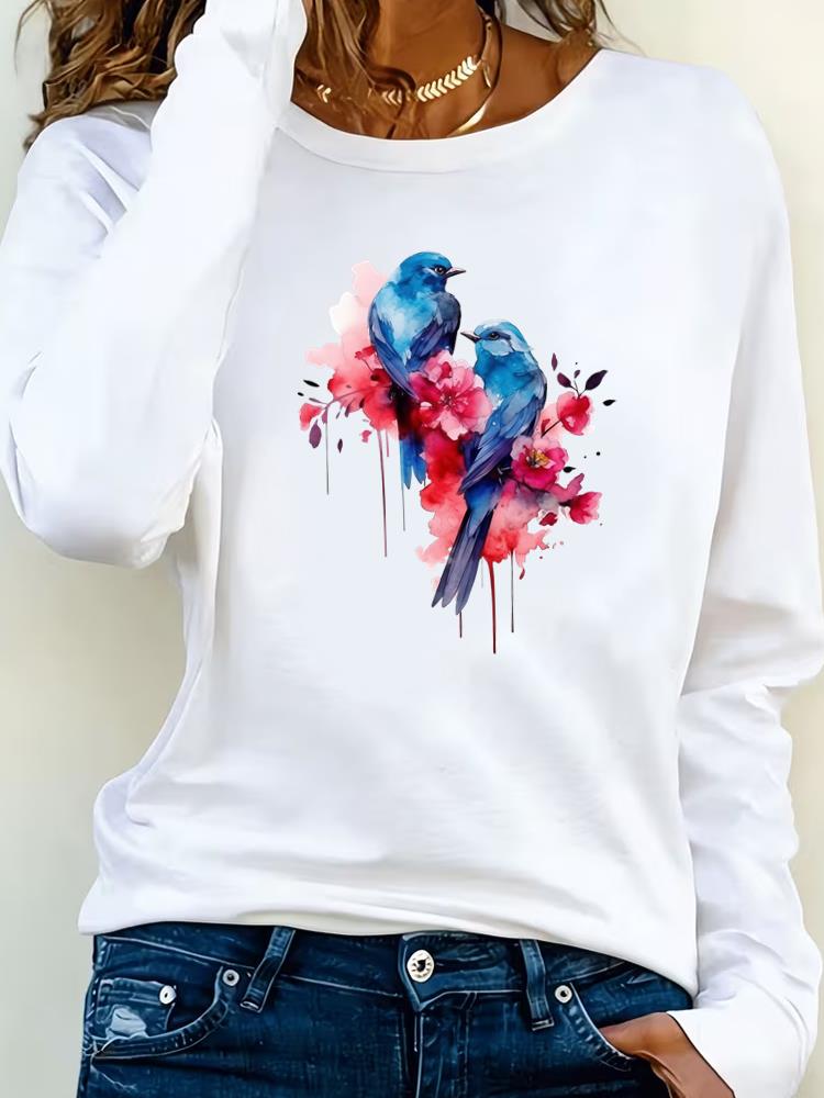 (Asian Size) watercolor flower 90s Clothing Casual  Tee Lady Printed o-neck Long Sleeve T Shirt Women Female Fashion Top Graphic T-shirts