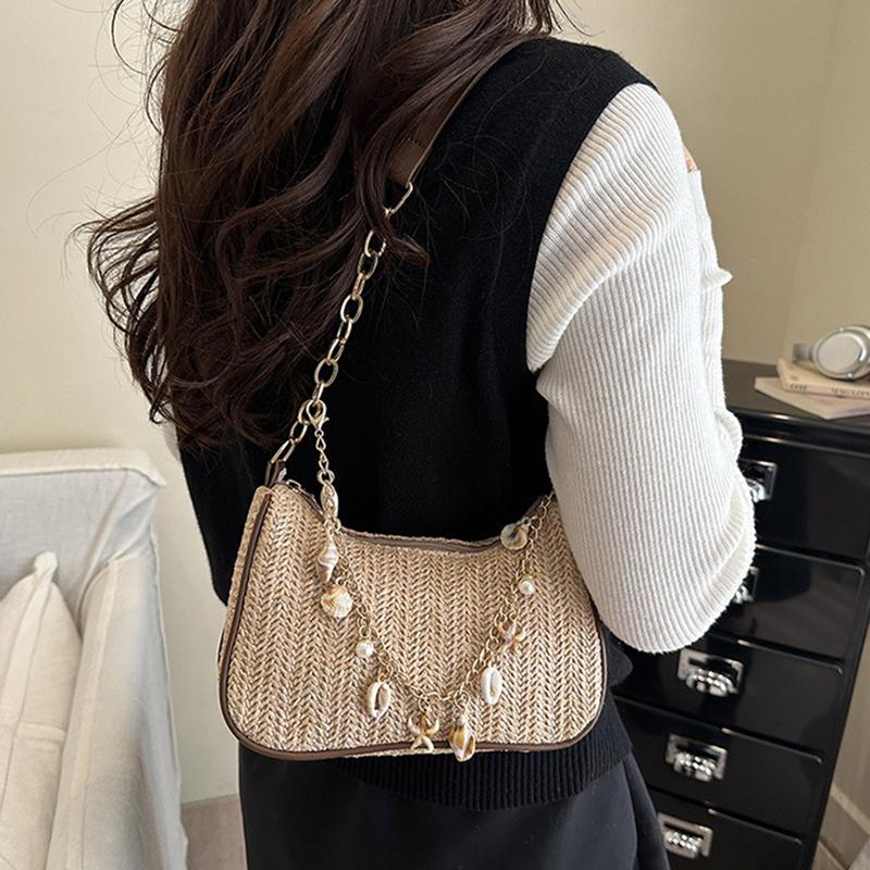 Yogodlns Summer New Women Simple Shoulder Bag Fashion Straw Fashionable Versatile Crossbody Bag Lightweight Casual Commuting Bag